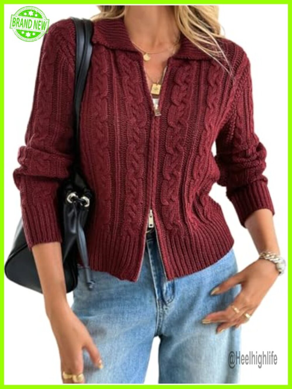 Women's Cable Knit Crop Cardigan Zip Up Sweater Jacket Chunky Knit Fall